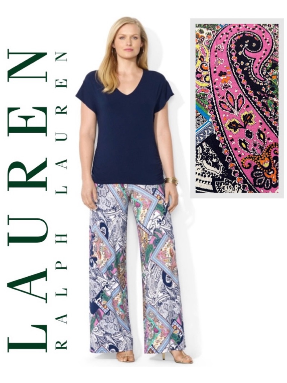 RALPH LAUREN Multi Color Paisley Wide Leg Pant Stretch Coastal Whimsical RL Wm M